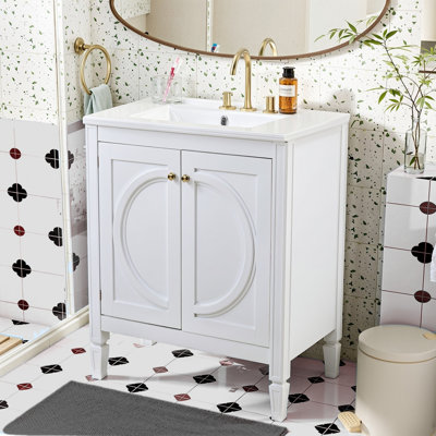 ??30" Vintage White Bathroom Vanity - No Assembly Needed, Ceramic Sink With Soft-close Doors, Modern Farmhouse Style, Solid Wood & Mdf