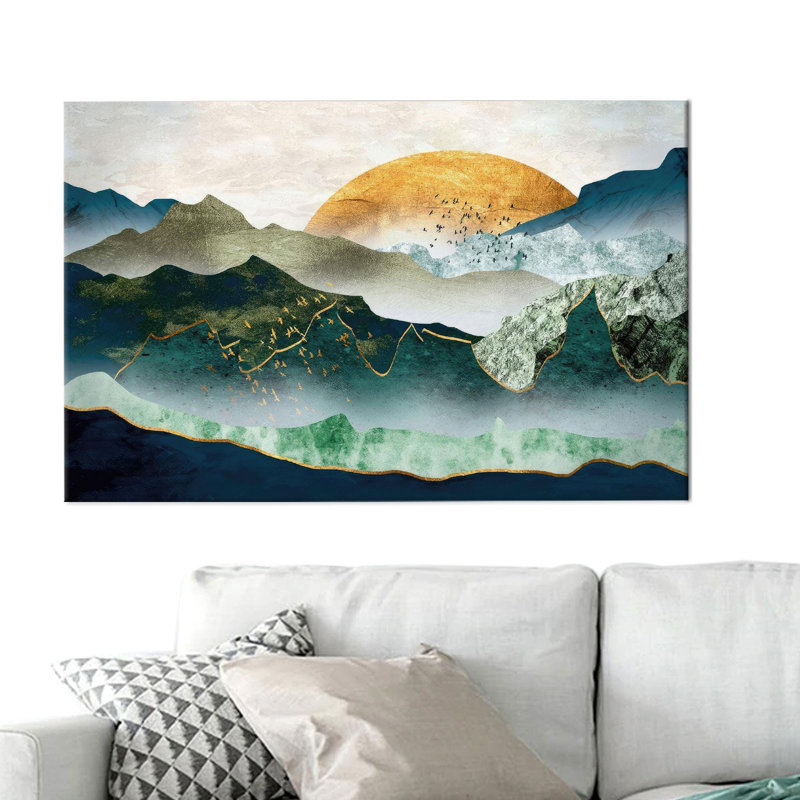 Art mural en toile de coton abstrait bleu bohémien inspiré des montagnes bleues, idéal pour un cadeau personnalisé sur le thème de la nature