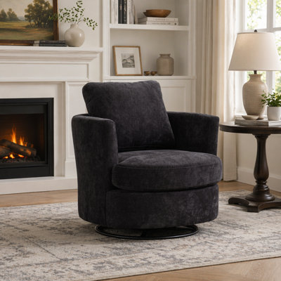 31.9"W Chenille Swivel Accent Barrel Chair And Comfy Round Accent Sofa Chair For Living Room, 360 Degree Club Chair, Leisure Arm Chair For Nursery Bedroom Living Room Lounge Hotel Office (Black)