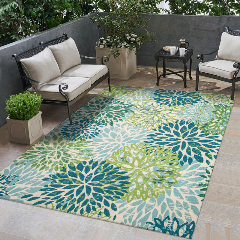 Tapis d'extérieur Sunshine Modern Plant Design Performance - vert / bleu / ivoire, Rectangle 5 pi x 7 pi