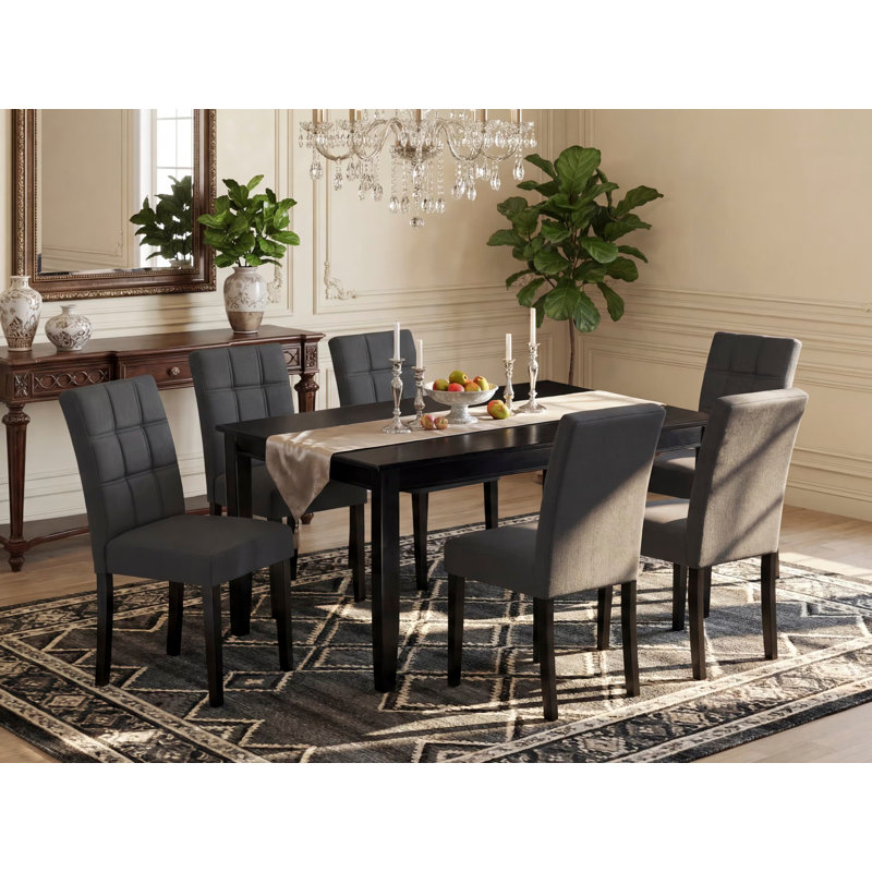 Ensemble de table de salle à manger 7 pièces comprenant une table de cuisine et 6 chaises en bois de polyester gris foncé avec dossier élégant - finition noire