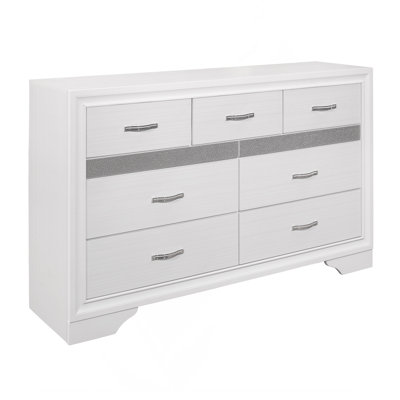 Modern Glam Dresser Of 7 Drawers White And Silver Glitter Hidden Jewelry Drawers Ball Bearing Glides Modern Wooden Bedroom Furniture