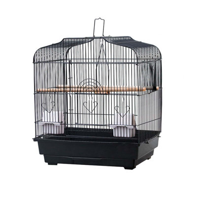 Cage à oiseaux portatif en métal avec poignée, perchoirs, 52 x 46 x 36 cm, idéal pour les petits oiseaux. Comprend une mangeoire, une balançoire et est facile à nettoyer. Convient aux perruches, inséparables, canaris, pinsons, calopsittes et conures. Couleur : noir.