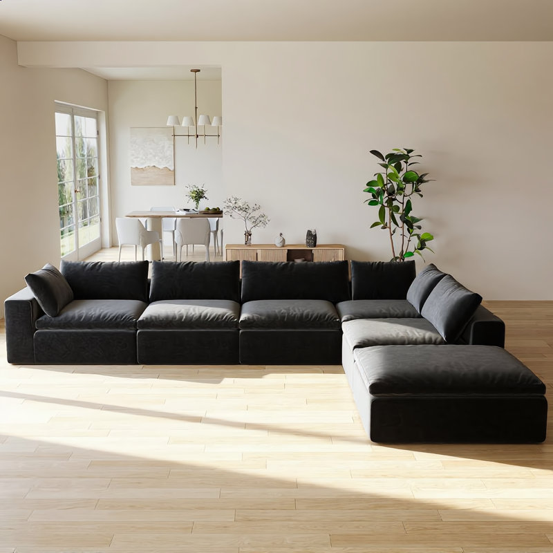 157" Oversized Modular Boneless Cloud Couch with Ottoman, No-Assembly Required for Living Rooms , Black