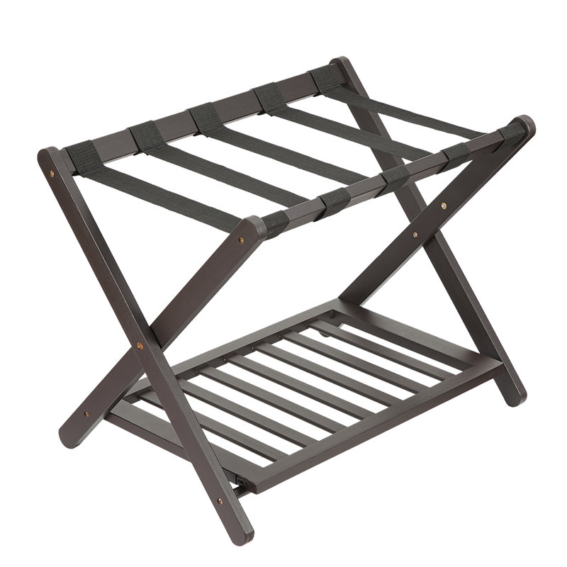 Luggage Rack, Folding Suitcase Stand with Storage Shelf and Nylon Straps, Brown