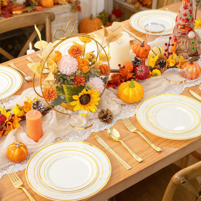 350Pcs Gold Plastic Dinnerware Set, Plastic Plates Disposable for 50 Guests Include: 100 Gold Rim Plates, 50 Paper Napkins, 50 Cups, 50 Plastic Silverware Set Perfect for Party & Wedding