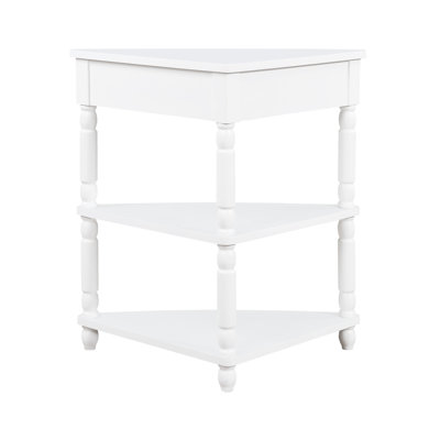 Milk White 33.8'' Corner Table, Solid Wood Legs, Offers Ample Storage Space 3 Tier End Table With Robust Legs For Small Spaces - Triangle Living Room, Bedroom, Bathroom, Corridor, Balcony