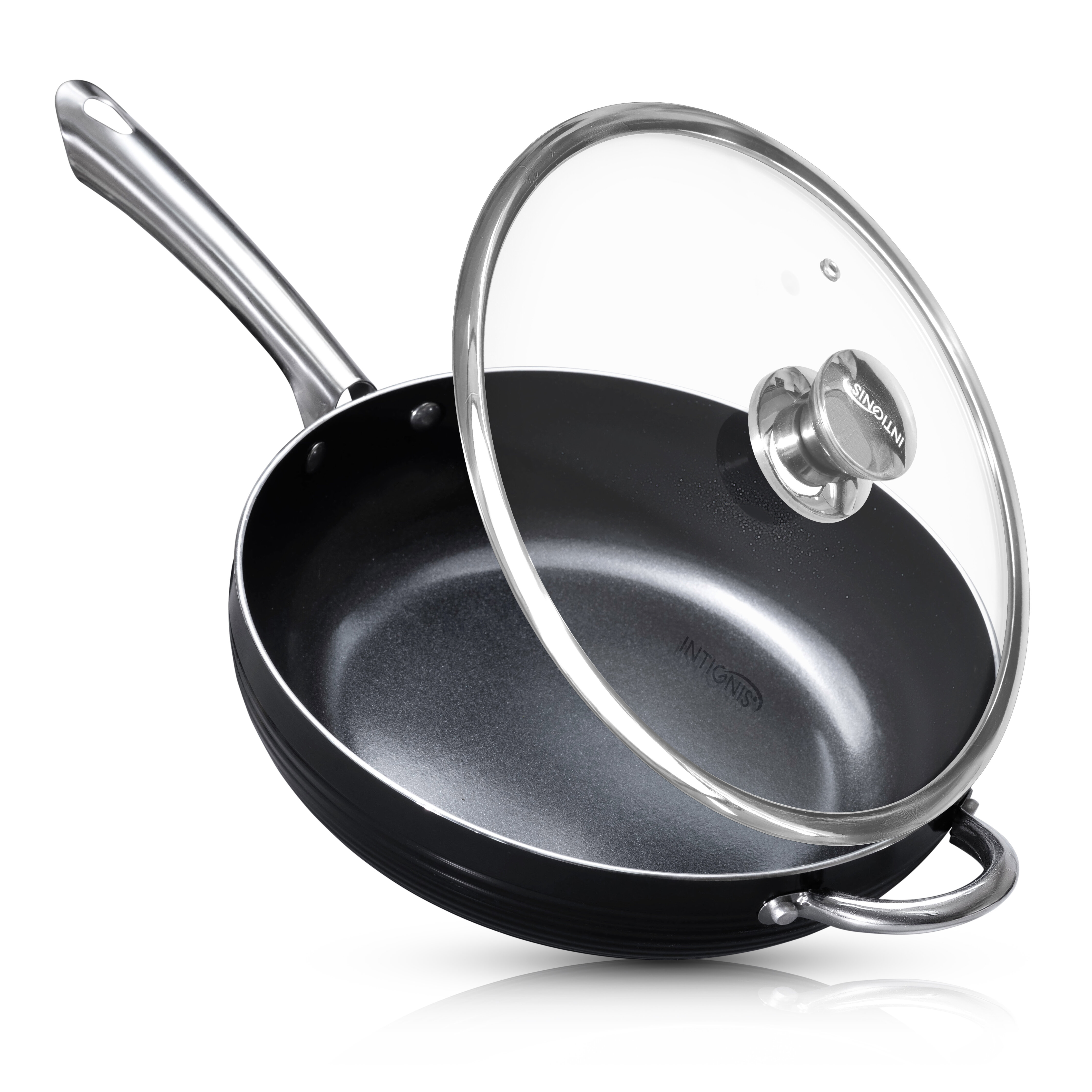 INTIGNIS Frying Pan Anti-Scratch Glass Lid - 28 cm Deep Sauté Pan
