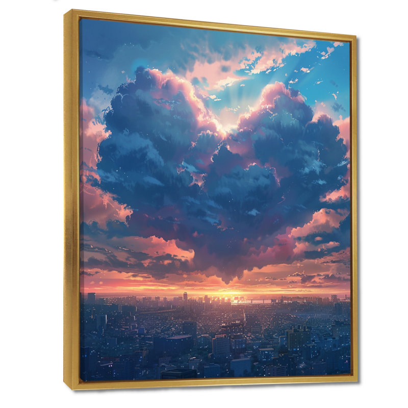 Cœur en forme de nuage, coucher de soleil urbain rose - bâtiments de ville, art mural, Cadre flottant doré, H 44 po x l 34 po