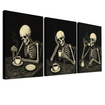 Ensemble de 3 toiles murales d'Halloween représentant trois squelettes buvant du café en sépia