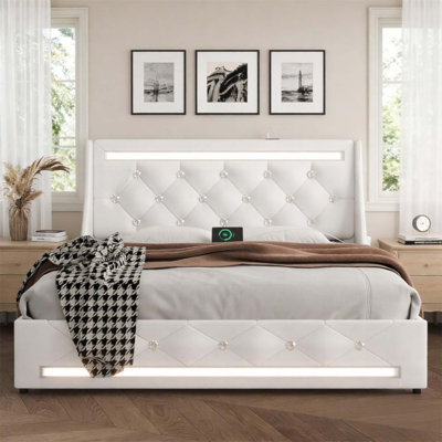 Structure de lit tapissier à oreilles de luxe avec rangement, lumières DEL et station de charge pour les chambres modernes