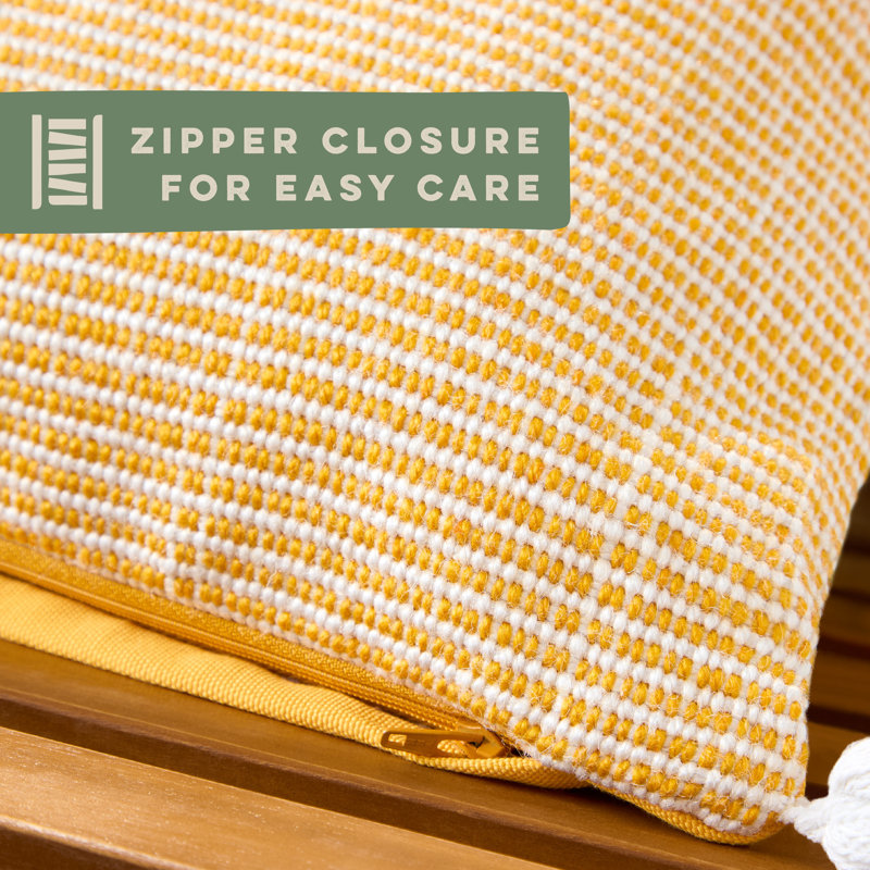 Yellow and Ivory Recycled Polyester Outdoor Pillow with Tassels