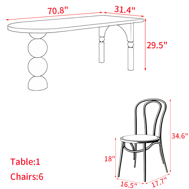Ensemble de table de salle à manger en bois massif de style américain, H 29,5 po x L 70,8 po x l 31,4 po