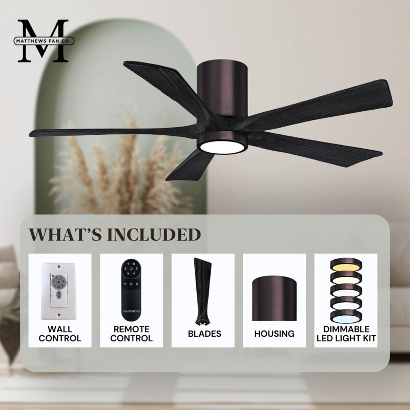 Irene Flushmount Light Kit 5 Blade LED Ceiling Fan, Brushed Bronze, Matte Black, 52"