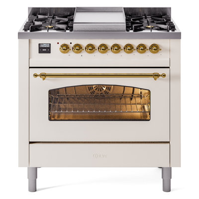 Cuisinière à double combustible 36 pouces avec 6 brûleurs, plaque chauffante (porte vitrée) ILVE Nostalgie II Series