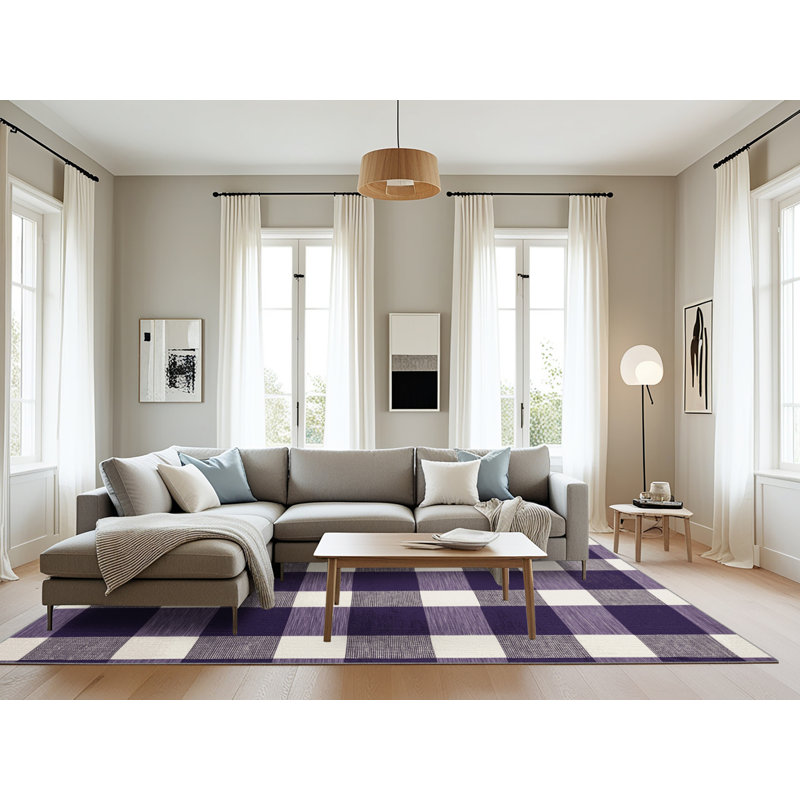 Machine Washable Checkered Purple Area Rug, Rectangle 8' x 12'