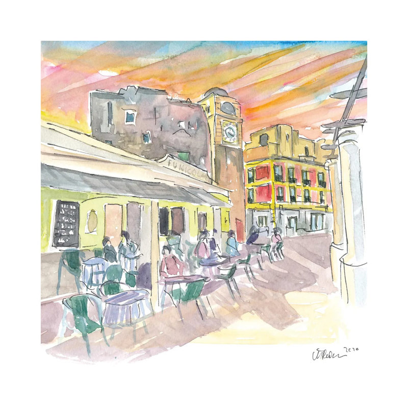 Funicular Mountain Station In Capri Italy With Romantic Piazetta And Sunset by Markus & Martina Bleichner - Wrapped Canvas Painting