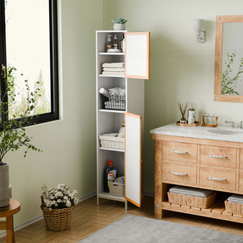 Bathroom Tall Storage Cabinet With Bamboo Slats Door