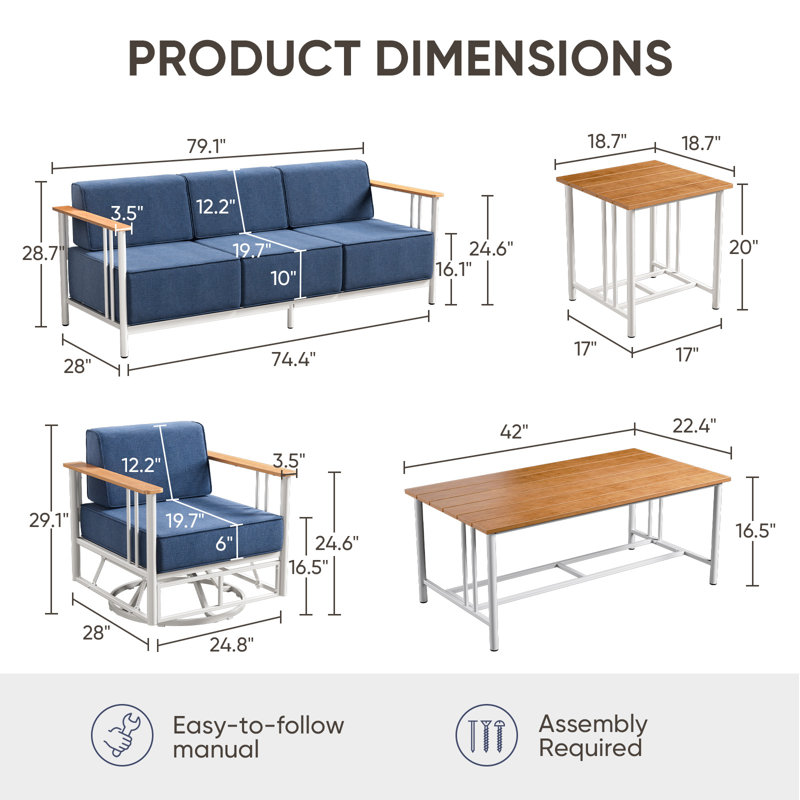 Coan 10 Person Outdoor Patio Modern Metal Party Conversation Set With 4 Swivel Chairs, Blue Cushion/White Frame