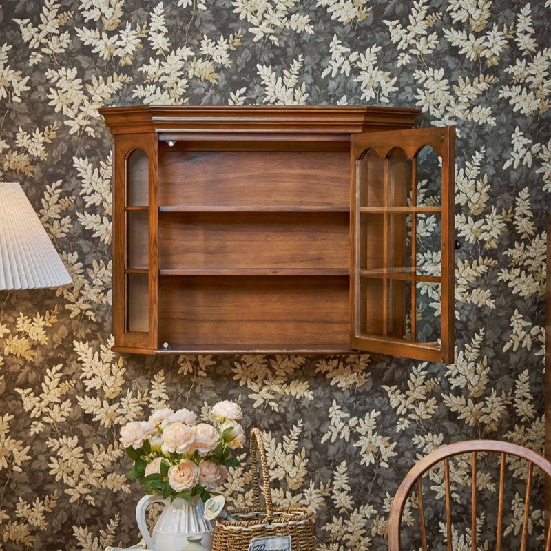 Armoire murale 35,83 "en bois massif de chêne rétro, armoire en verre, présentoir à tasses à café et rangement