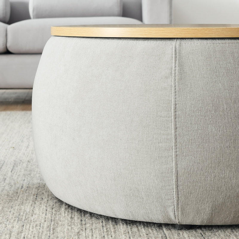 Round Storage Ottoman, 2 In 1 Function, Work As End Table And Ottoman,With Small Seat (25"X25"X14.7"), Natural, Light Grey