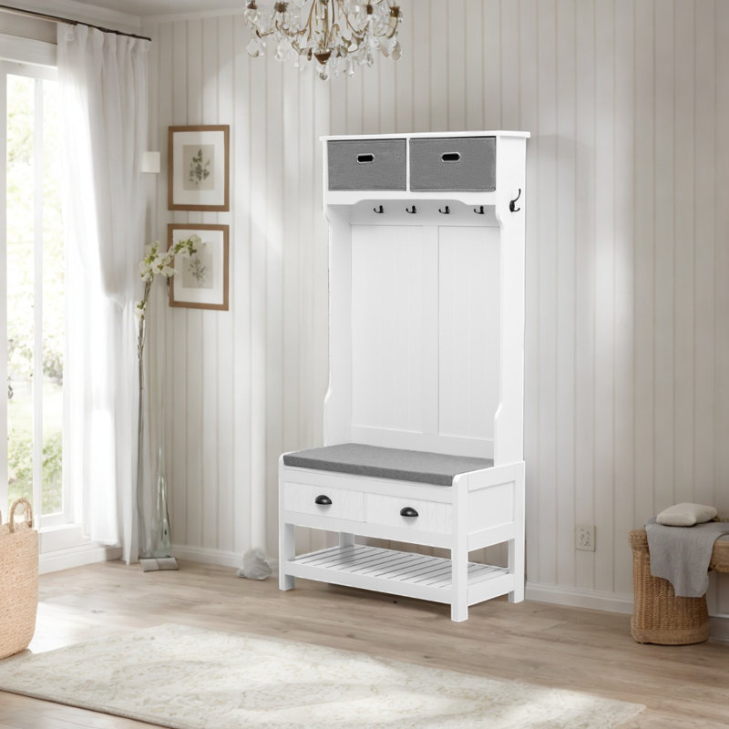 3-in-1 Multi-functional Hall Tree With Coat Rack, Storage Bench, And Shoe Cabinet For Entryway And Hallway, White