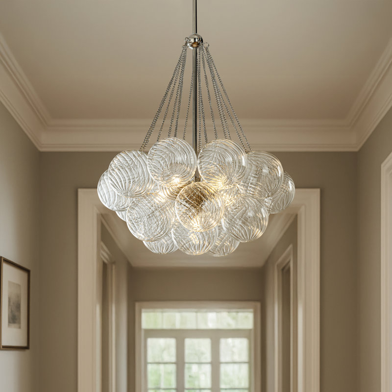27'' Modern Glam Cluster Chandelier 6 Lights Pendant With Hand Blown Textured Glass Globes And Chrome Finish For Dining Room And Foyer