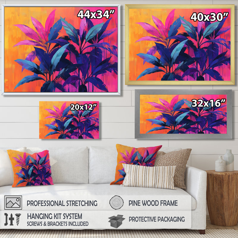Décoration murale électrique Jungle électrique en couleurs néon Pop Art II - Plantes, 16" H x 32" W, Toile tendue