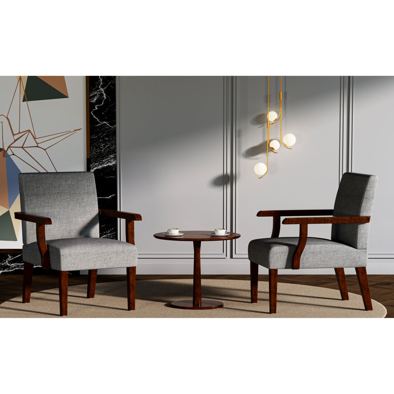 De 2 fauteuils d'appoint en tissu gris avec table ronde en bois, structure en bois franc pour la chambre à coucher, le salon et le bureau