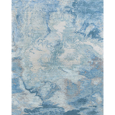 Tapis argenté et bleu noué à la main de haute qualité
