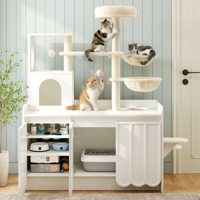 Arbre à chat avec bac à litière, tour à chat avec poteau à griffes en sisal et espace de rangement, lit pour chat caché, maisonnette tout-en-un moderne avec maison, hamac et perchoir