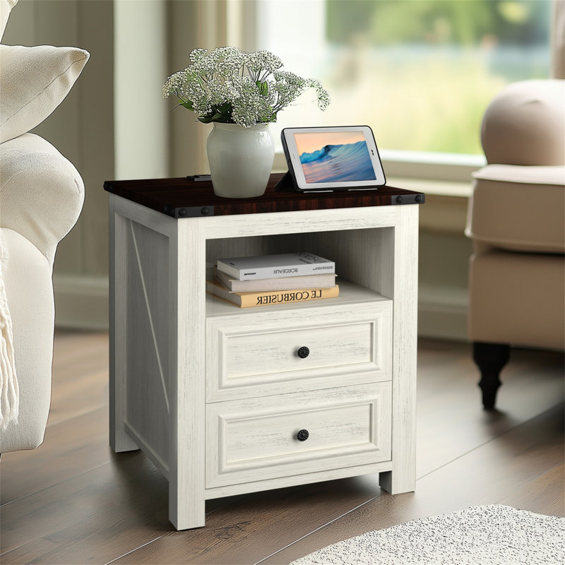 Nightstands With Charging Station, Rustic 18 Inch Bedside Table With 2 Storage Drawers And Open Shelf, White, Individual