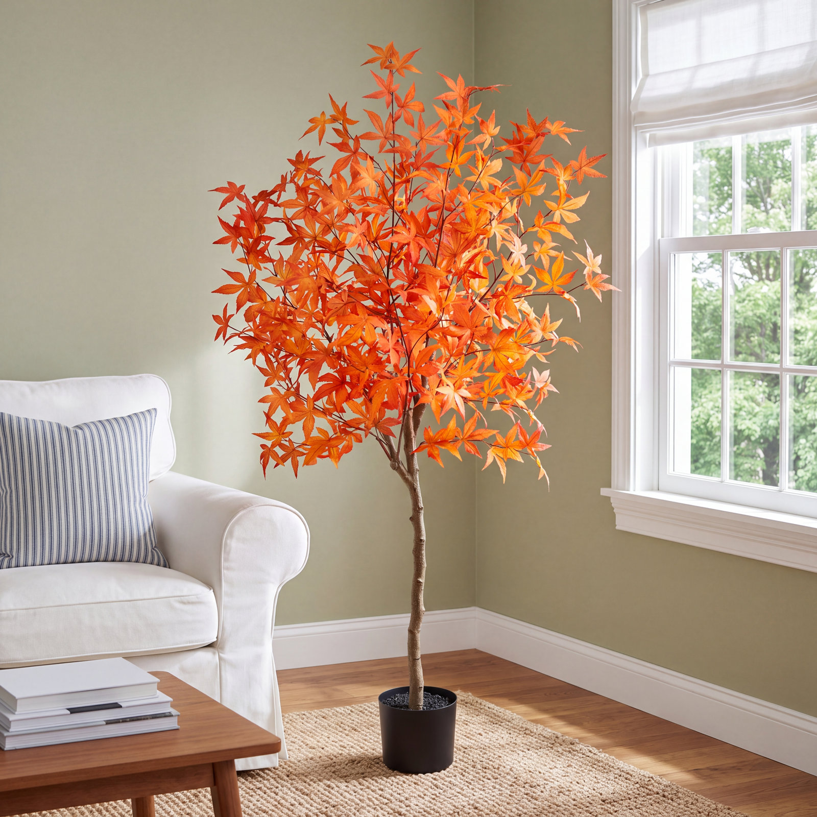 Faux Maple Tree in Pot Liner, Orange, 60" H x 19" W x 12" D