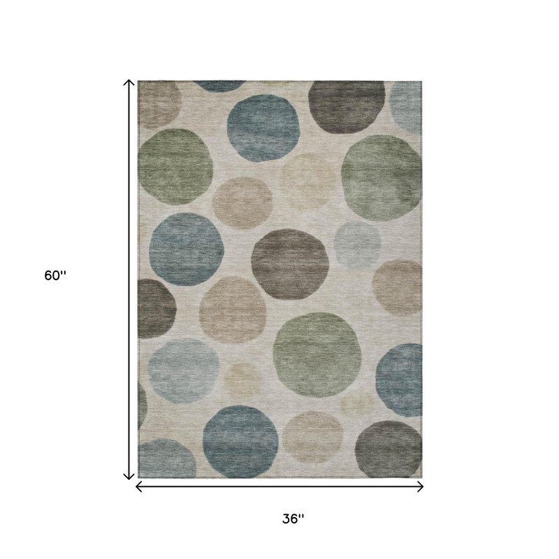 3' X 5' Khaki Fern Green And Teal Blue Geometric Washable Indoor Outdoor Area Rug