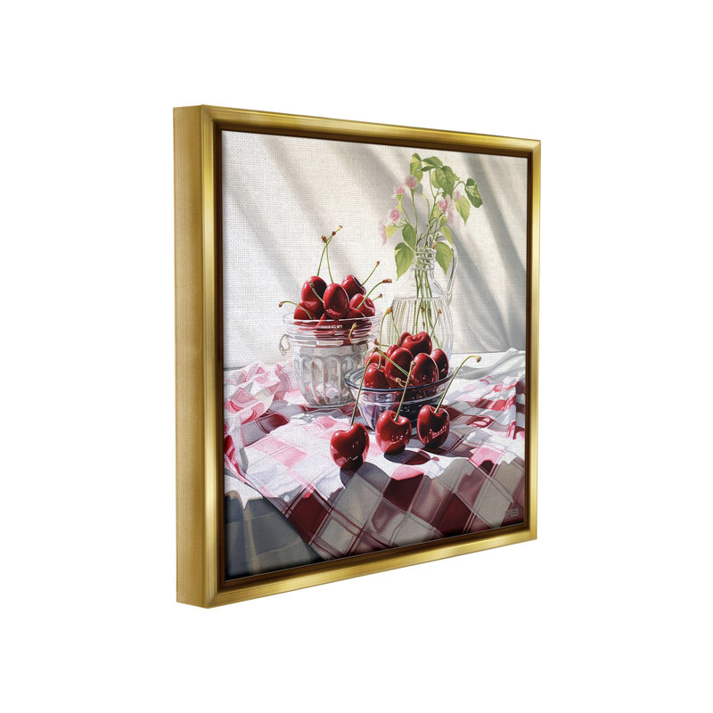 "Cherries and Botanicals" par RB sur toile, H 18 po x l 18 po, Cadre flottant métallique doré