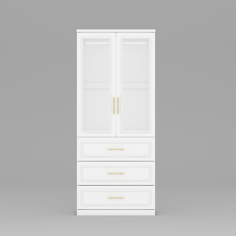 Modern White Wardrobe With Glass Doors, Spacious Storage With Drawers And Golden Handles