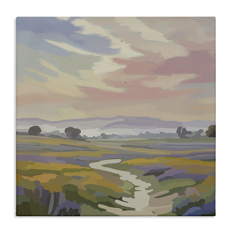 Art mural sur toile Lavender Fields Beneath Sunset, design par Amelia Noyes, H 17 po x l 17 po