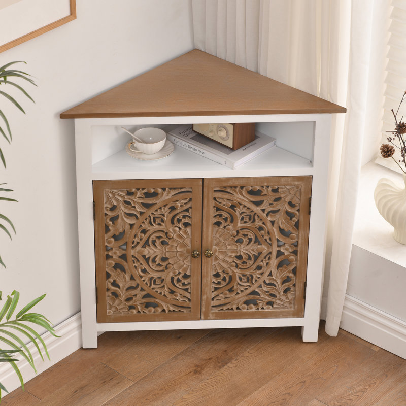 Folger 2-Door Farmhouse Corner Cabinet With Hand-Carved Detailing, Storage Shelf, Rustic White And Natural Wood