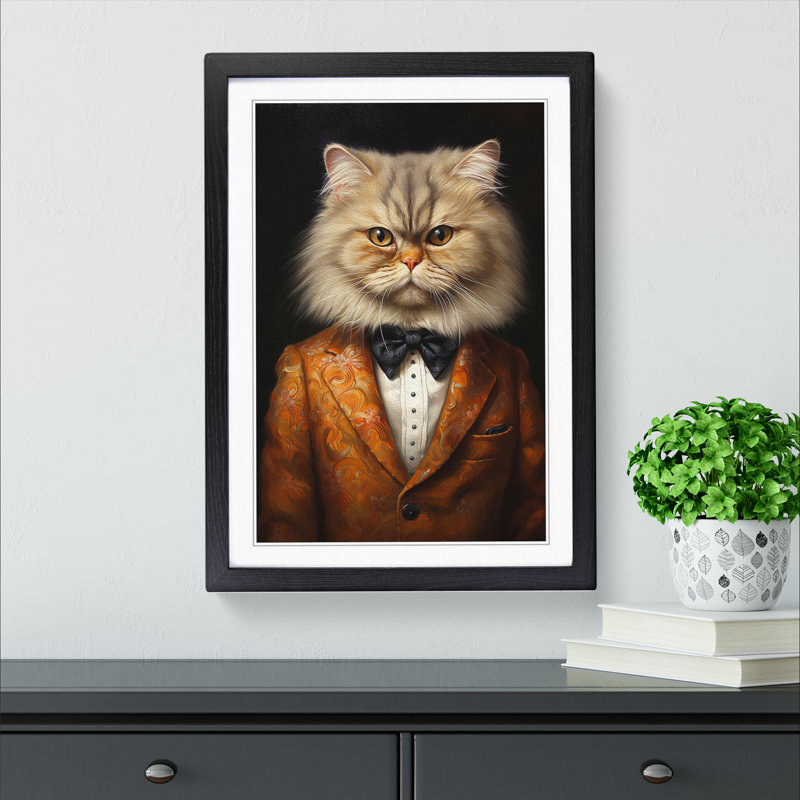 Persian Cat In A Suit No.3 - Single Picture Frame Print on Wood, 34cm H x 25cm W x 2cm D, Black