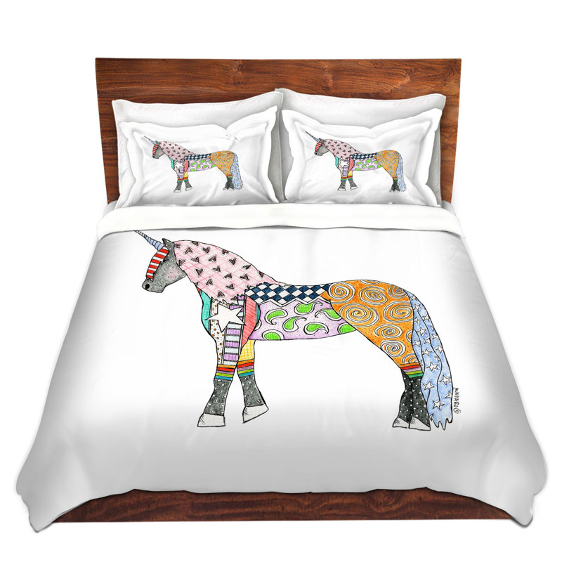 Ensemble de housse de couette à licorne arc-en-ciel, 1 housse + 2 taies très grand lit, Blanc / rouge / vert