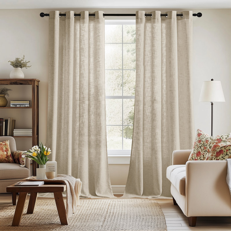 Linen Blend Semi Sheer Curtain Panel Pair, 168cm Width x 183cm Drop, Beige