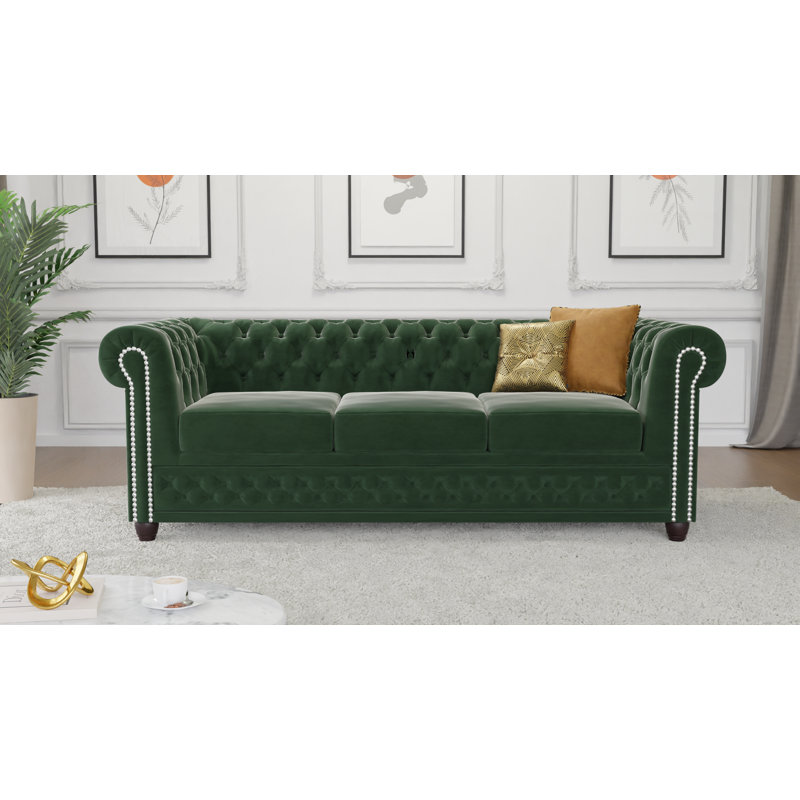 Chesterfield Hanna Sofa Set 3+2+1 Made of Velvet Fabric with Solid Wood Legs, Bottle Green