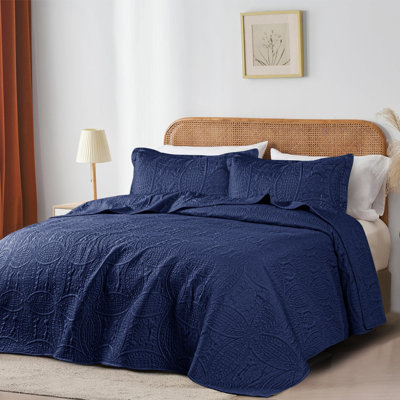 Couvre-lit matelassé à pièces, grand lit/queen – Literie réversible ultra douce, confort toutes saisons, couette légère surdimensionnée avec 2 taies d'oreiller (bleu marine)