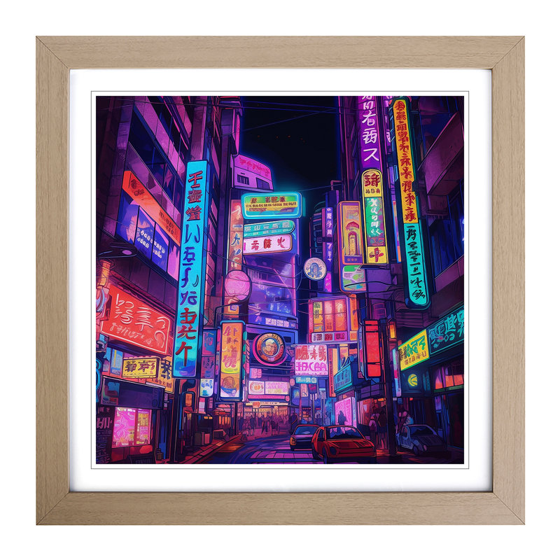 City Of Tokyo Neon Art - Single Picture Frame Print on Wood, Oak