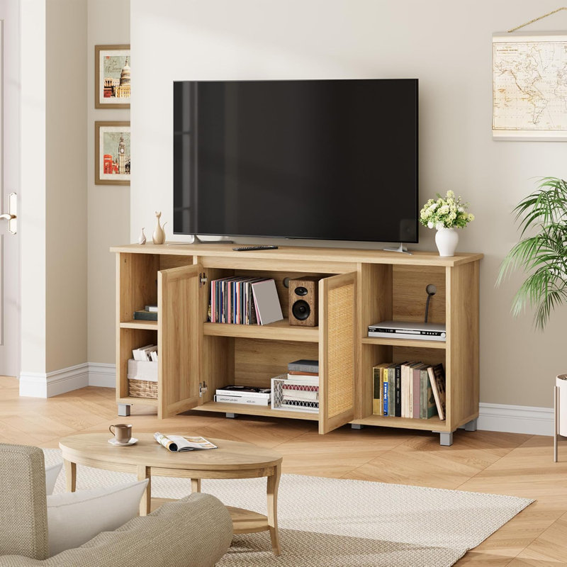  Boho Media Console - Rustic Rattan TV Stand for 70" TVs, Natural Wood Entertainment Center with Storage