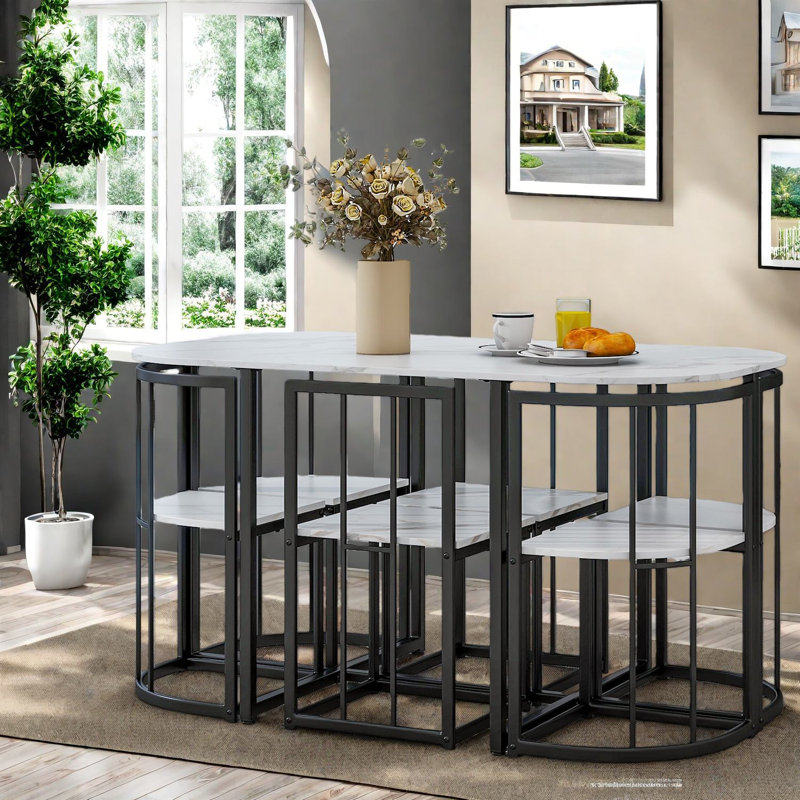 Ensemble de table à manger moderne 7 pièces, plateau en faux marbre avec structure en métal noir, compact pour la famille et les petits espaces