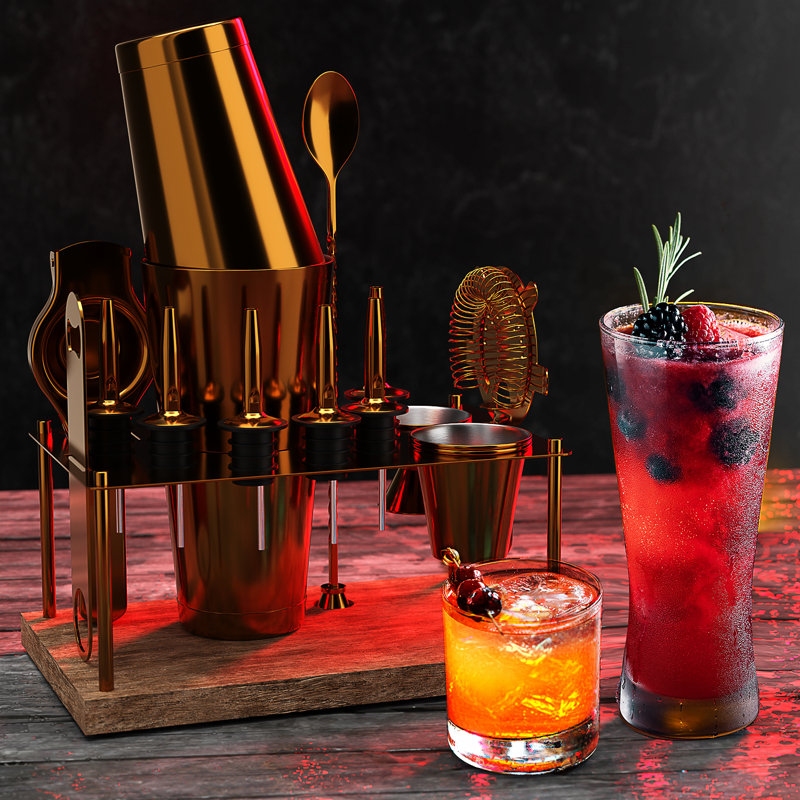 Ensemble d'outils de bar à cocktail en acier inoxydable 16 pièces avec support Joytable, Or