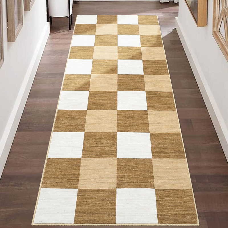 Plaid Printed Runner Rugs 2x6 Modern Hallway Rugs with Non-Slip Backing, Non-Shedding Geometric Indoor Carpet Mat, Foldable Thin Floor Cover for Laundry, Bedroom, Kitchen, Camel
