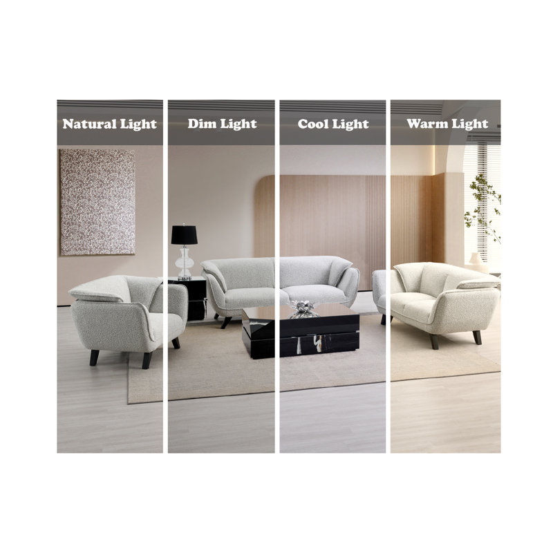 Light Gray Boucle Fabric and Wood Loveseat with Flared Arms