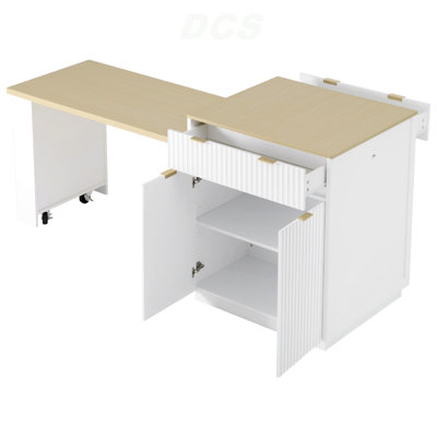 Îlot de cuisine cannelé 82,6 po avec table de salle à manger extensible pour 4 à 6 personnes, table d'îlot de cuisine avec prise de courant, table de cuisine avec rangement double, 2 tiroirs et 2 tablettes ouvertes latérales, blanc, îlot de cuisine